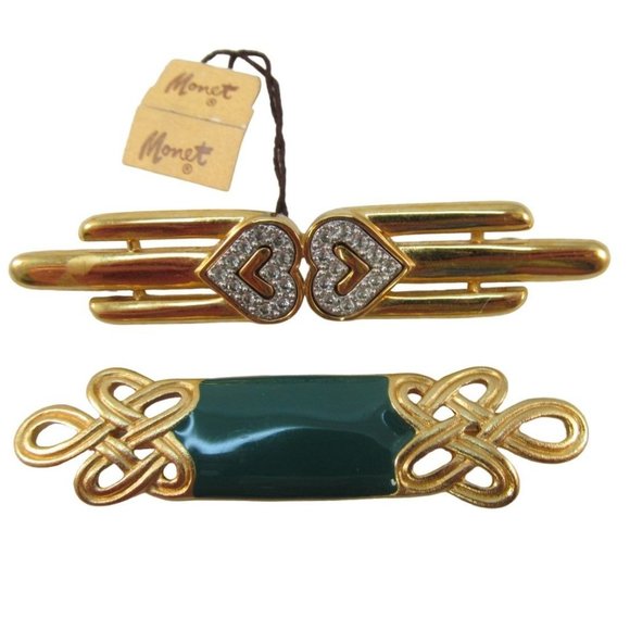 Double Heart Rhinestone Pin and Green Enamel Celtic knot Monet Brooches 2 in Lot - Picture 1 of 9